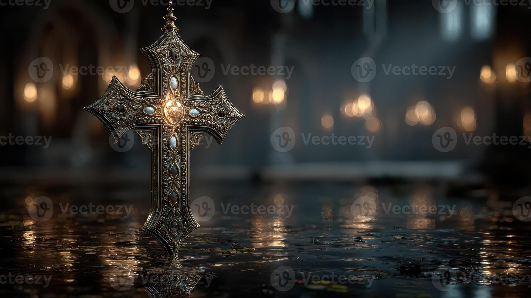 Intricate cross illuminated by soft light in an ancient cathedral setting during twilight hour photo
