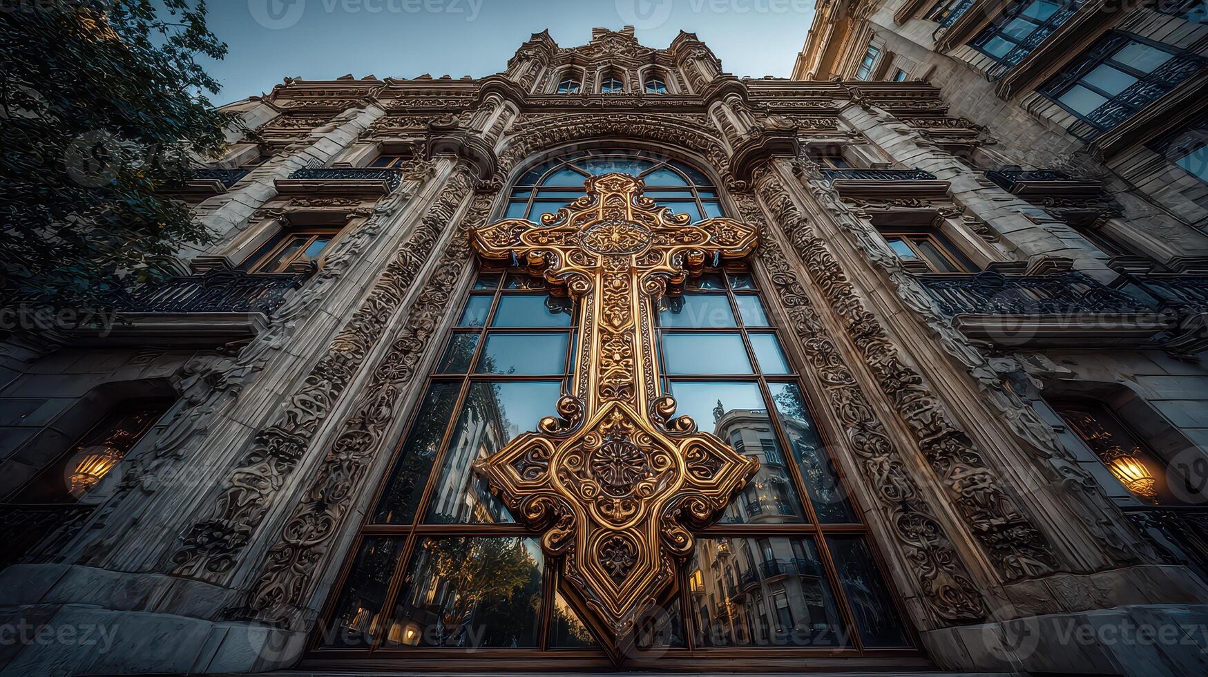 Ornate cross adorns historic building in city center at twilight showcasing intricate architectural details photo