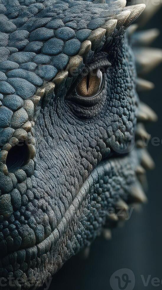 Detailed close-up of a dragon's textured skin, showcasing its fierce eye and intricate scales photo