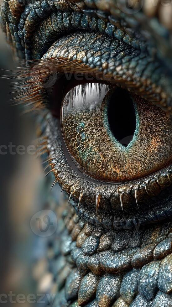 Intricate close-up of a reptilian eye showcasing textured scales and reflective details in a natural setting photo