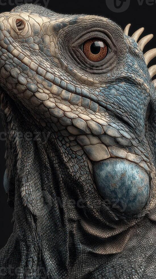 Detailed close-up of a lizard showcasing intricate textures and vibrant eyes in a controlled setting photo