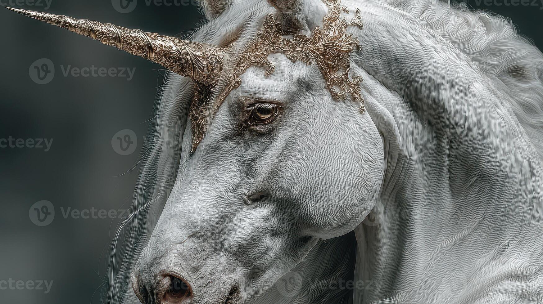 Majestic unicorn with ornate horn and flowing mane stands in an ethereal landscape photo