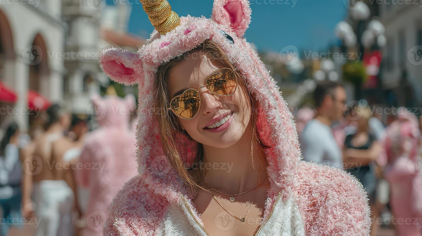 Young woman celebrating in a unicorn costume at a vibrant outdoor festival on a sunny day photo
