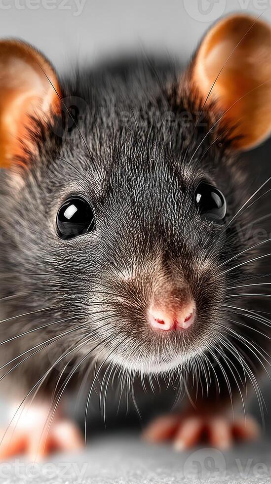 Close-up view of a curious black rat with shiny eyes and distinct whiskers exploring a surface in a well-lit environment photo
