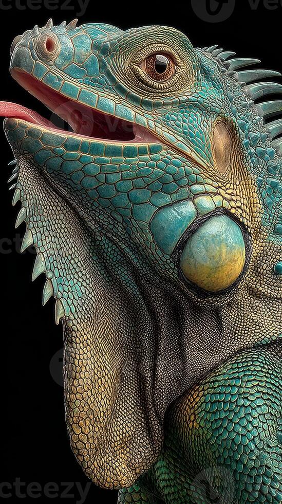 Colorful iguana displays vibrant textures in close-up against dark background in natural setting photo