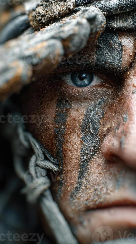 Intense gaze of a warrior covered in mud and paint during a survival exercise in the wilderness photo