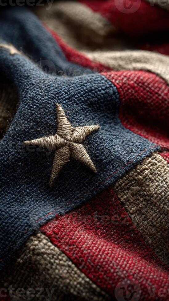 Vintage fabric flag detail showcasing a five-pointed star with rich textures and colors, capturing historical significance photo