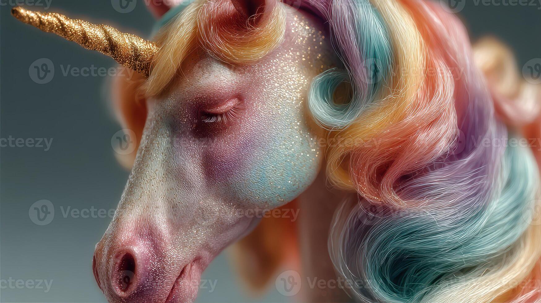 Colorful unicorn sculpture with intricate details and vibrant mane displayed against a neutral background photo