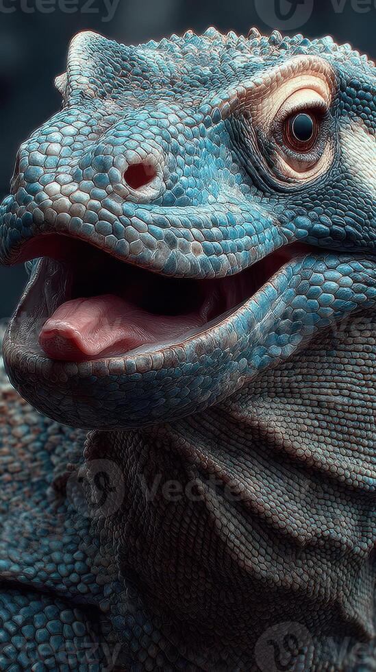 Colorful lizard displaying vibrant scales and a curious expression against a dark background photo