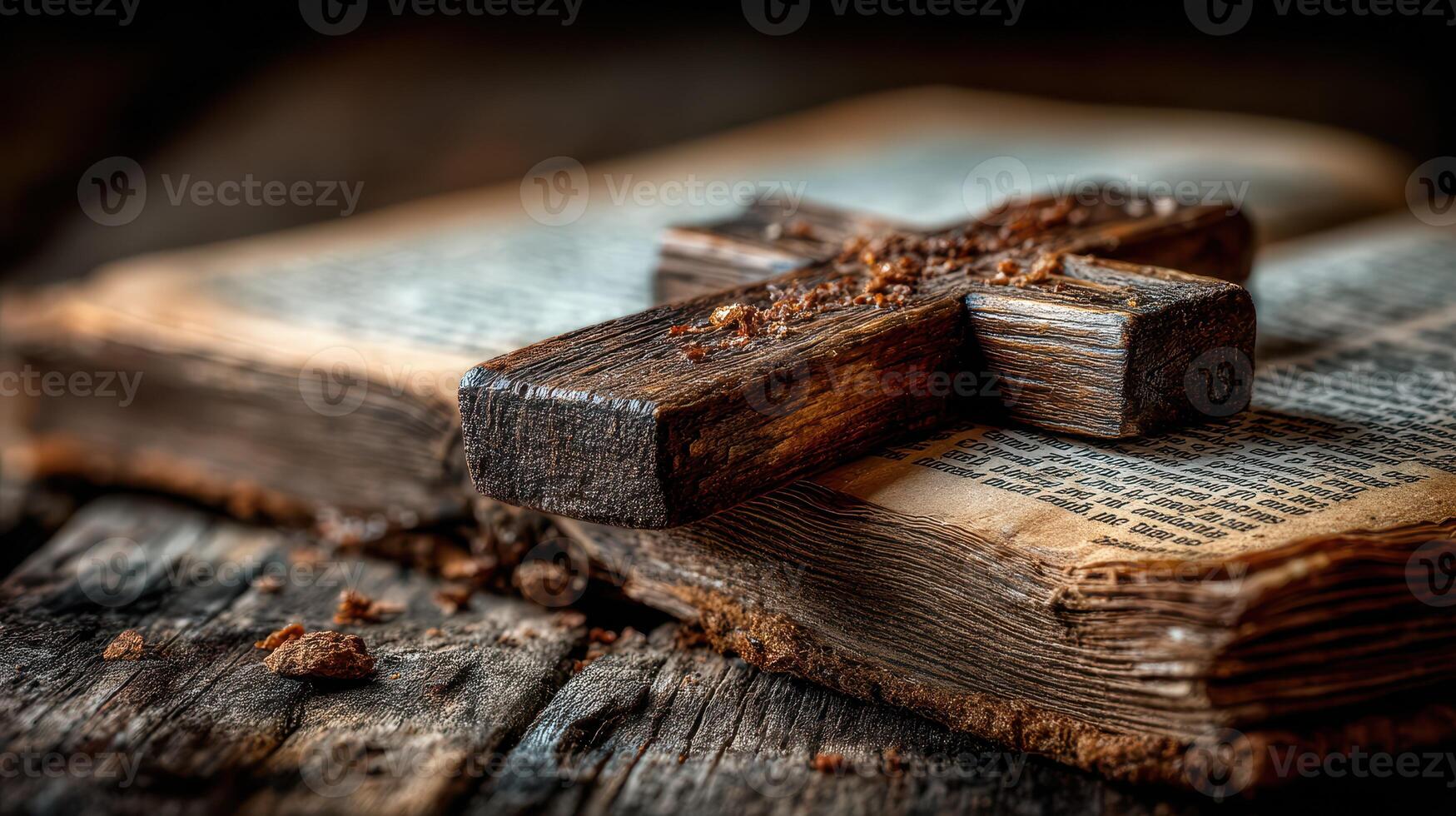 Historical wooden cross placed on an old, worn Bible on a rustic wooden table in a dimly lit setting photo