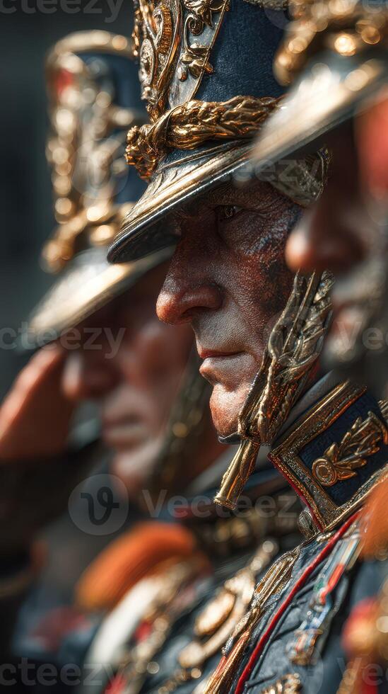 Soldiers in ceremonial uniforms salute during a parade in a historic city square on a sunny afternoon photo