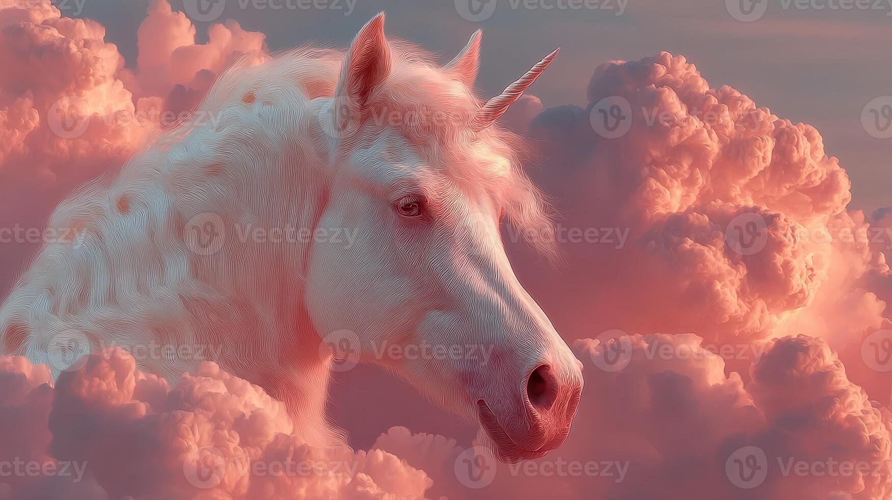 Enchanted unicorn emerges from cotton candy clouds at sunset in a dreamy landscape photo