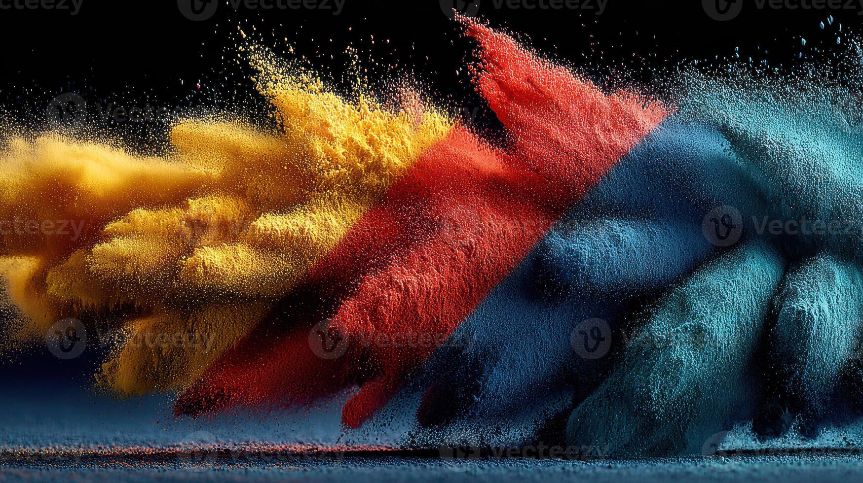 Colorful powder explosion creates vibrant hues against dark background showcasing dynamic movement and energy photo