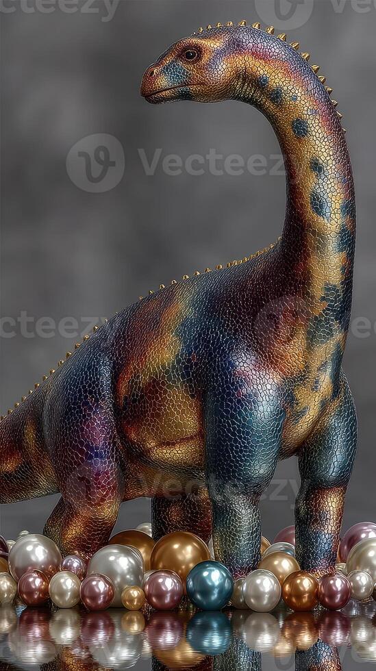 Colorful dinosaur sculpture surrounded by decorative pearls on a textured background photo