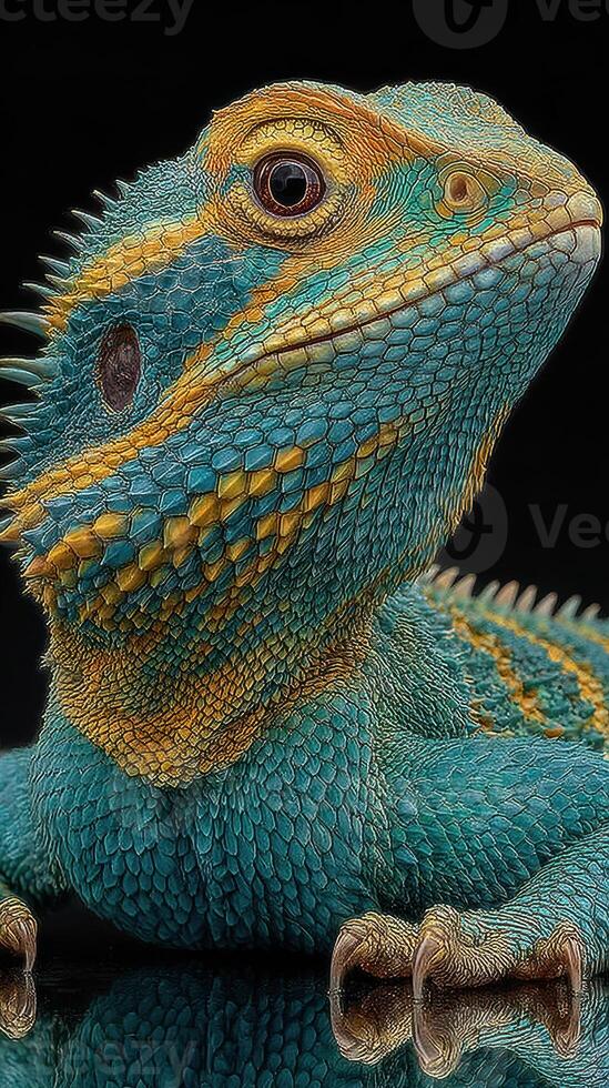 Colorful bearded dragon resting on a surface reflecting light in a dim environment photo