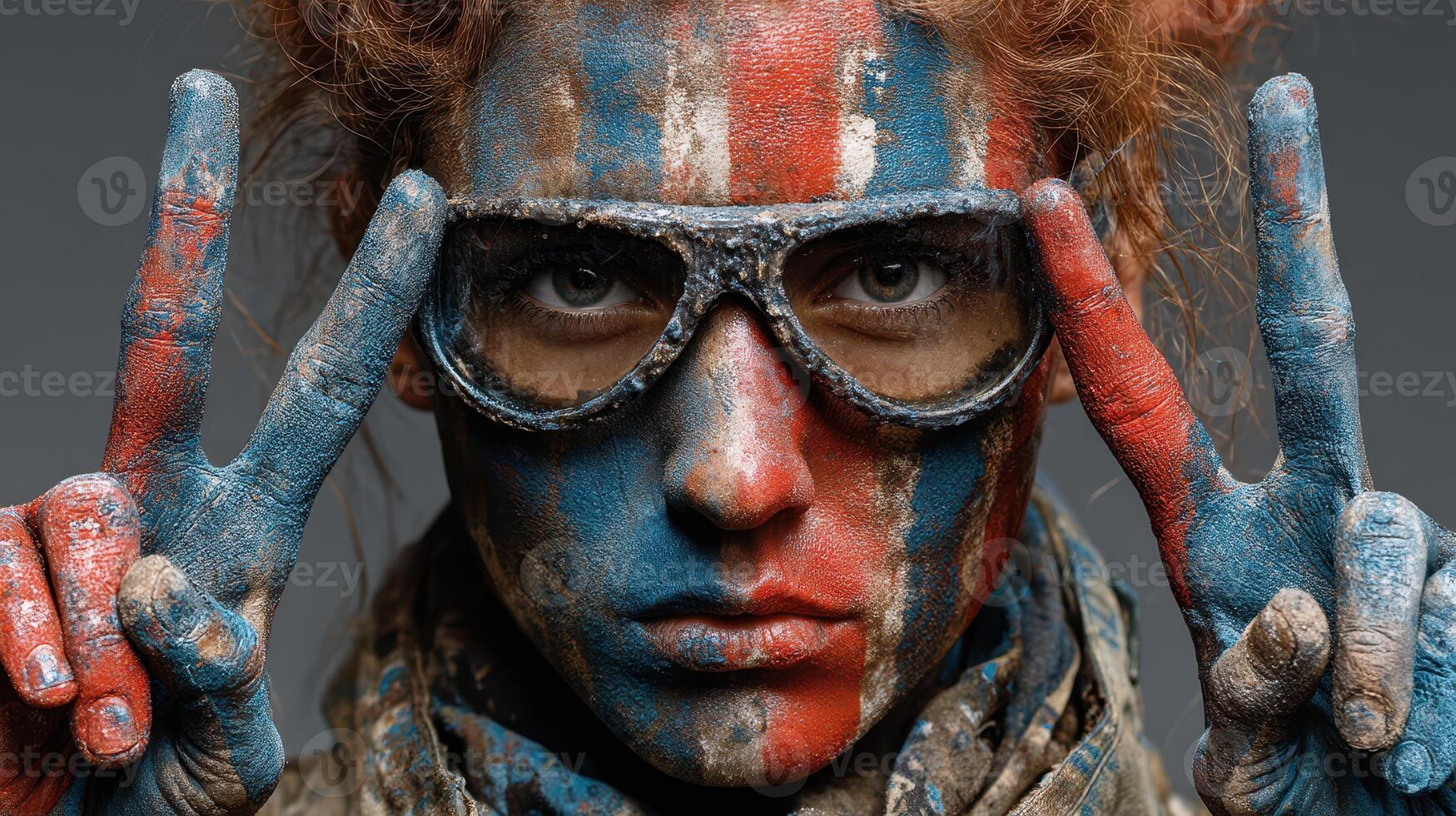 Bold expression of artistic creativity through vibrant face paint and unique eyewear during a festival celebration in an indoor space photo
