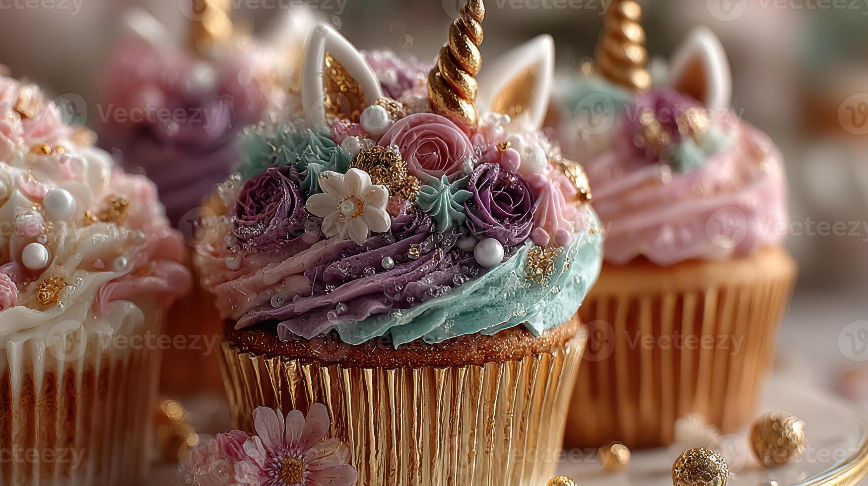 Decorative unicorn cupcakes with pastel colors and toppings displayed on a table at a festive celebration photo