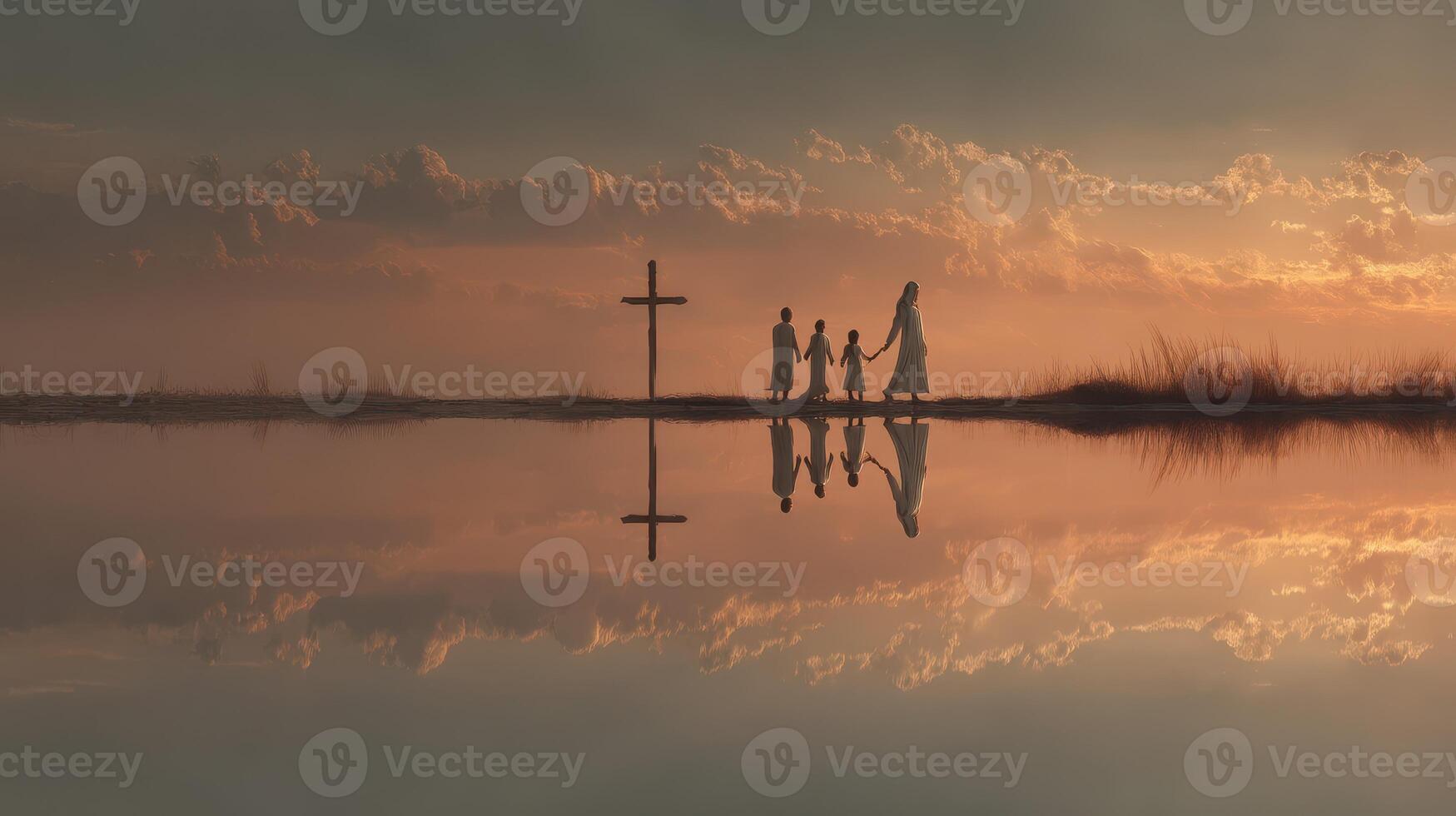 Family walks along serene waterfront at sunset, reflecting on the day and symbolizing love and connection photo