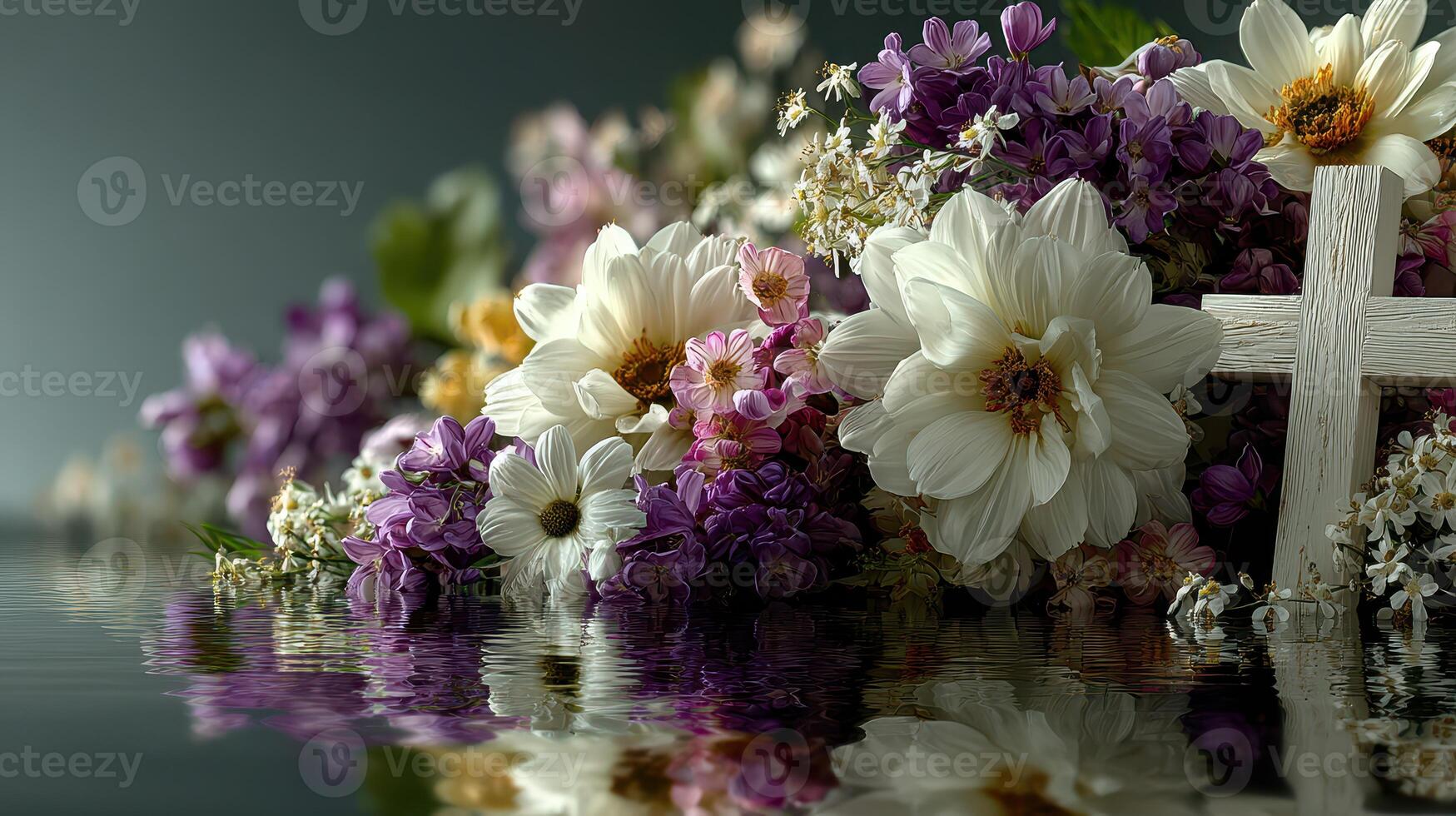 Colorful flowers and a white cross create a serene atmosphere near calm water during a peaceful moment of reflection photo