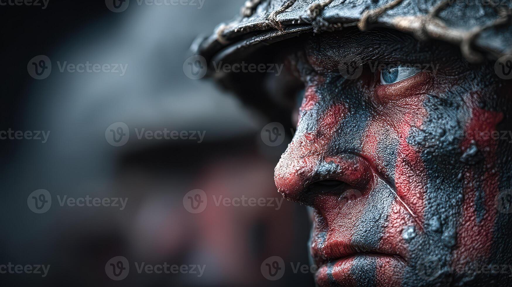 Soldier adorned with camouflage paint during a reenactment event in a historical setting photo