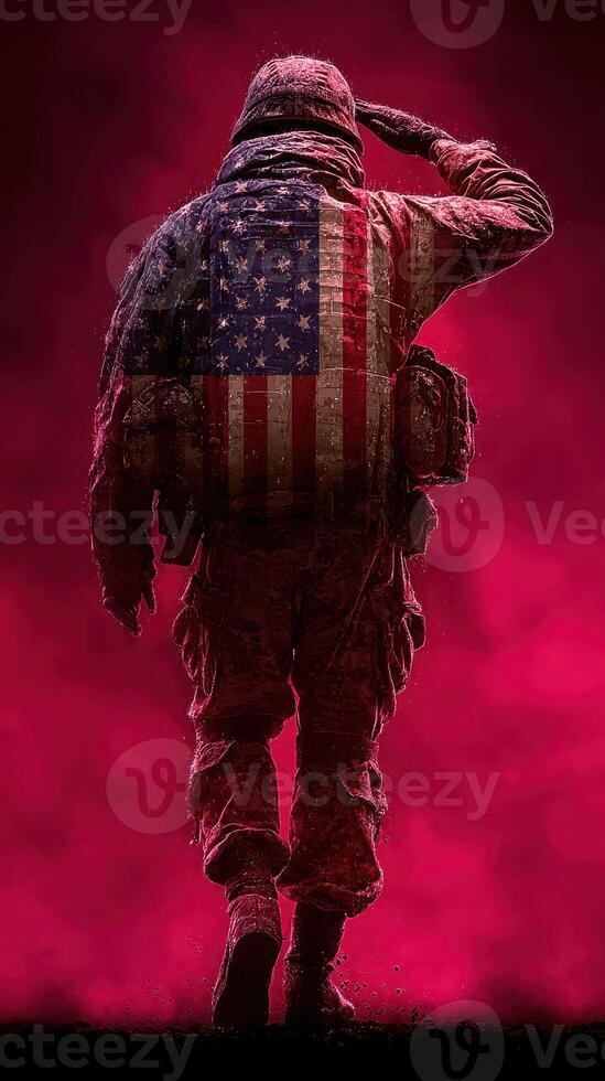Soldier saluting with American flag representation in a dramatic red background at twilight photo