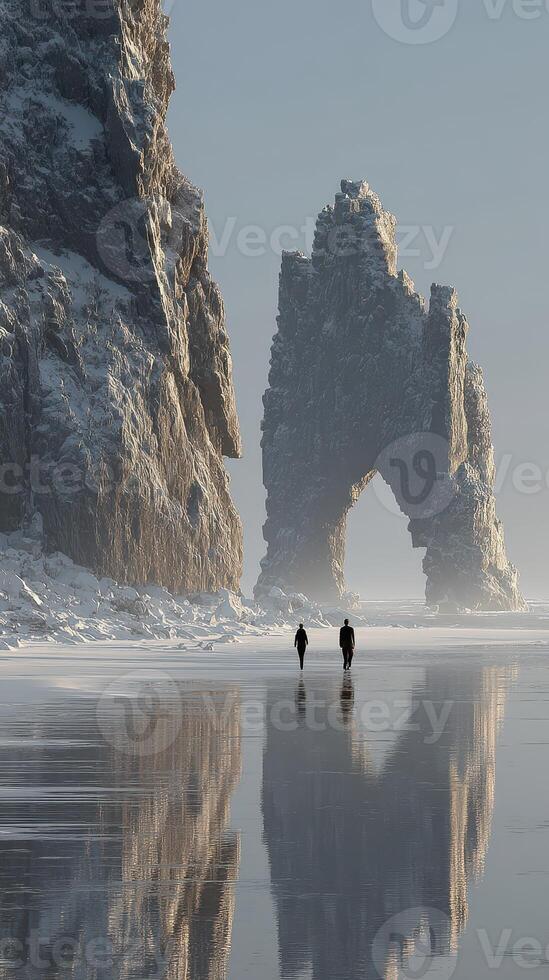 Two hikers explore a snowy coastline under a towering rock formation in winter light photo