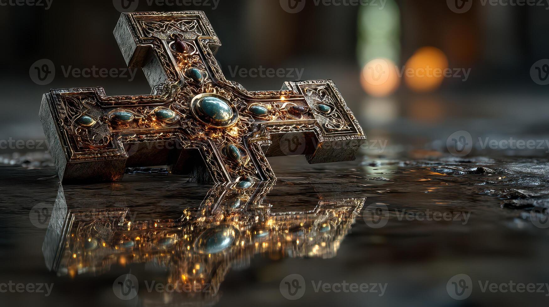 Intricate wooden cross with gemstones resting on a reflective surface in an ancient church, illuminated softly by ambient light photo
