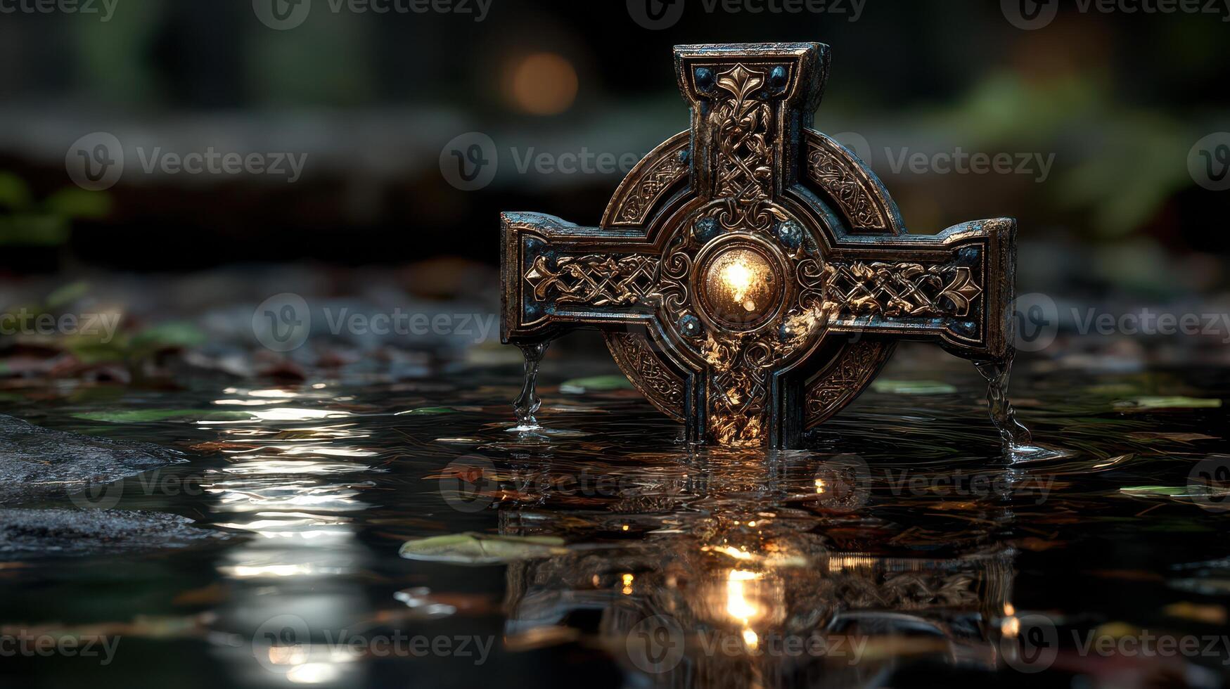 Mysterious Celtic cross emerges from serene water at twilight, surrounded by lush greenery and soft reflections photo