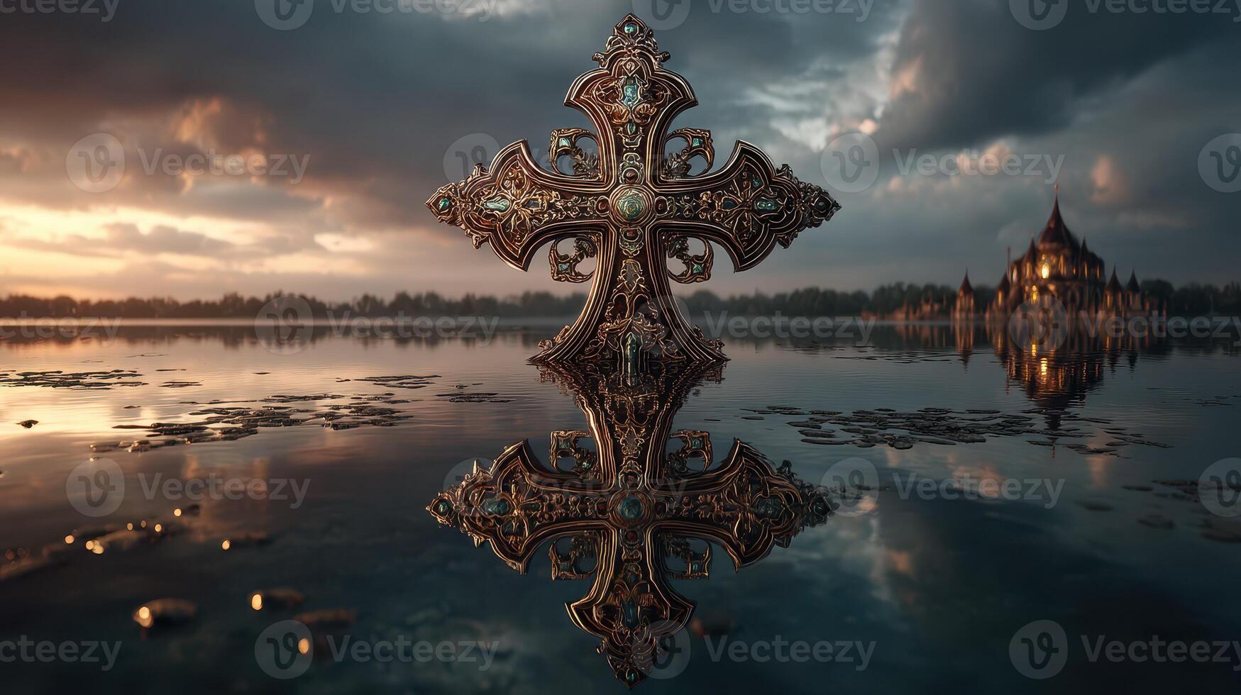 Ornate cross reflecting on tranquil water near a grand structure at sunset with dramatic clouds in the sky photo
