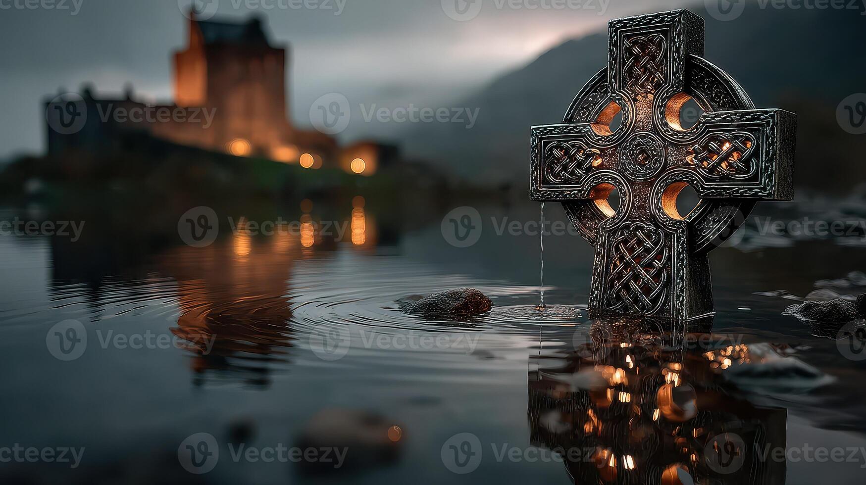 Celtic cross reflecting in water with historical castle in the background during twilight photo