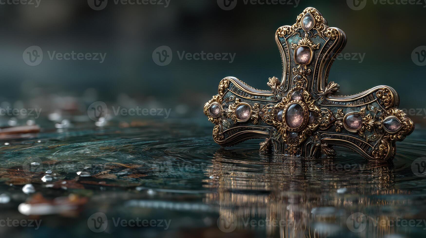 Intricate cross submerged in tranquil water surrounded by ripples and reflections photo
