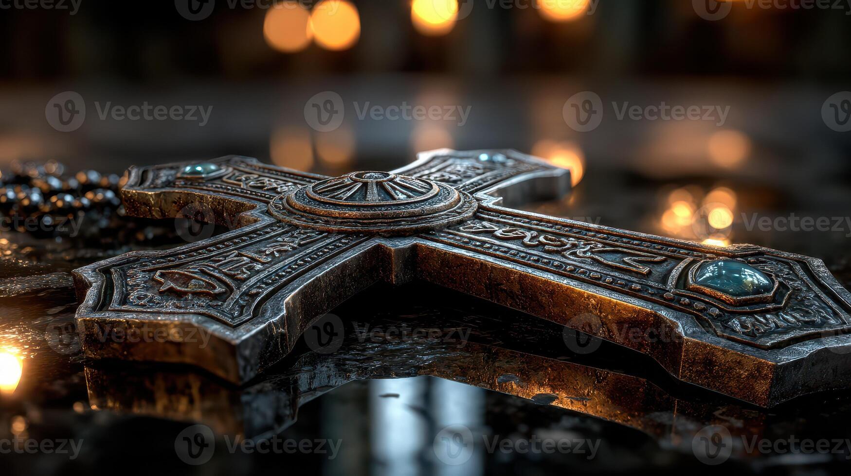 Detailed close-up of a decorative metallic cross resting on a marble surface with candles in the background photo