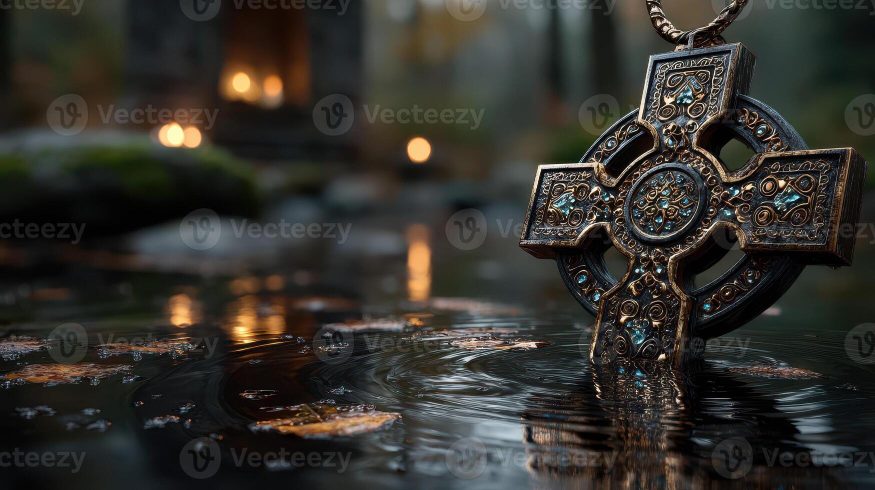 Celtic cross pendant resting on water with reflections during early evening in a lush forest setting photo