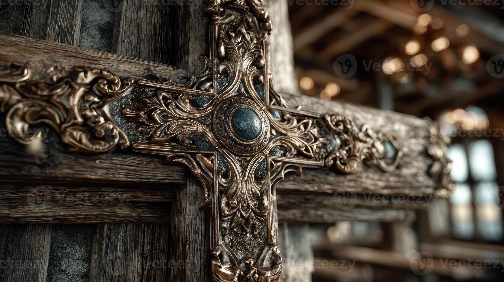 Decorative wooden cross with intricate carvings and embellishments inside a historic building photo