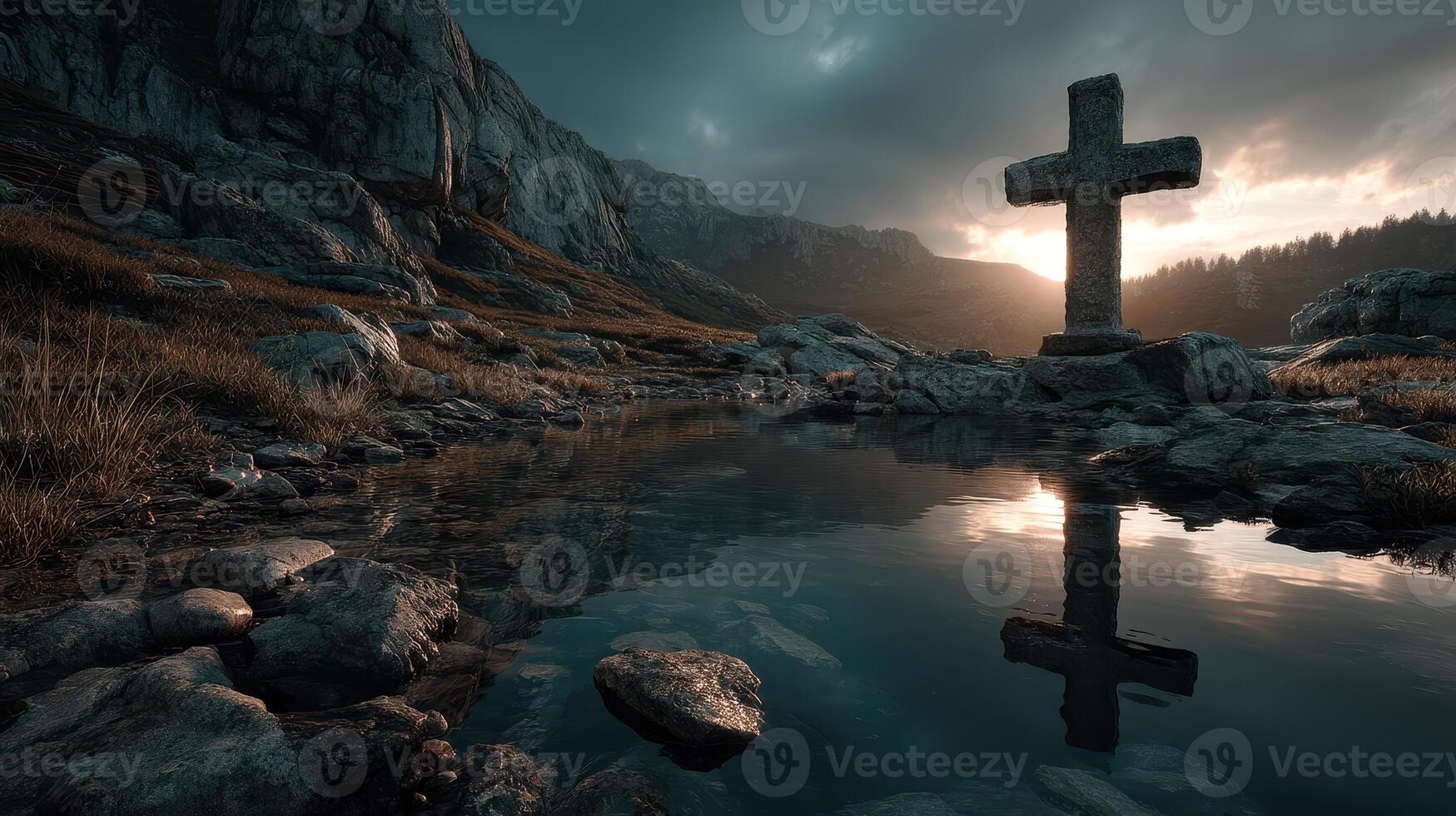 Cross reflection in tranquil waters at sunset amidst rugged mountains and stormy skies photo