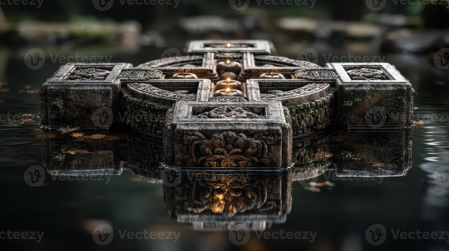Ancient stone cross surrounded by water reflecting serene natural landscape at dusk photo