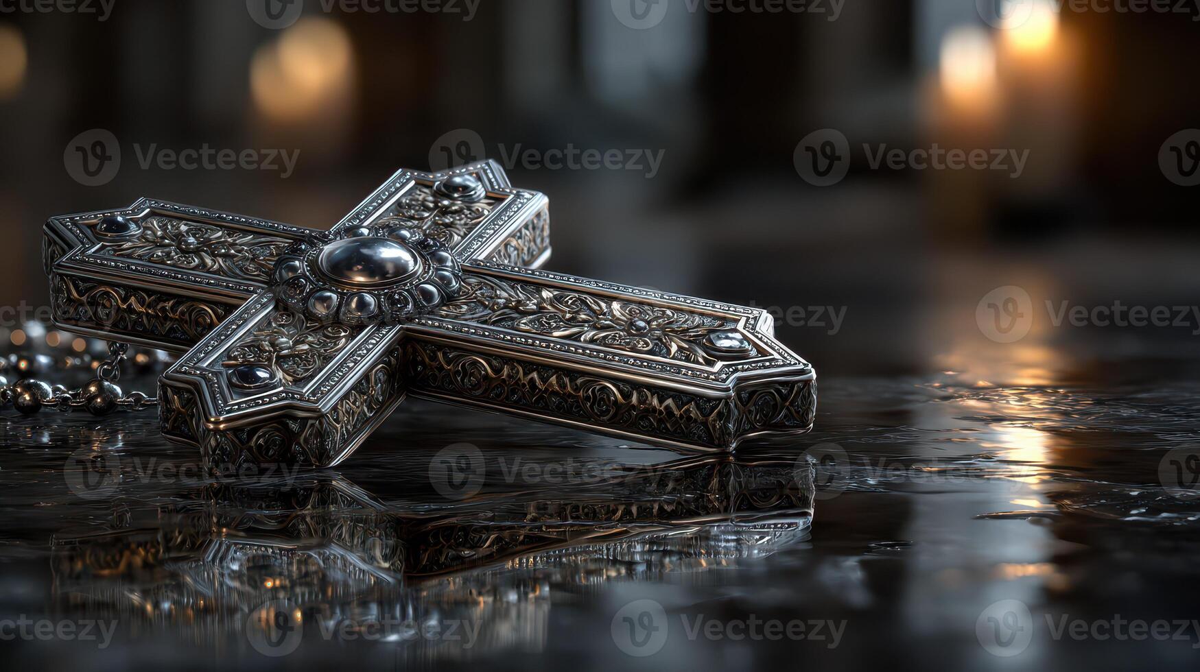 Intricate silver cross resting on a polished surface with soft candlelight in the background during a serene evening setting photo