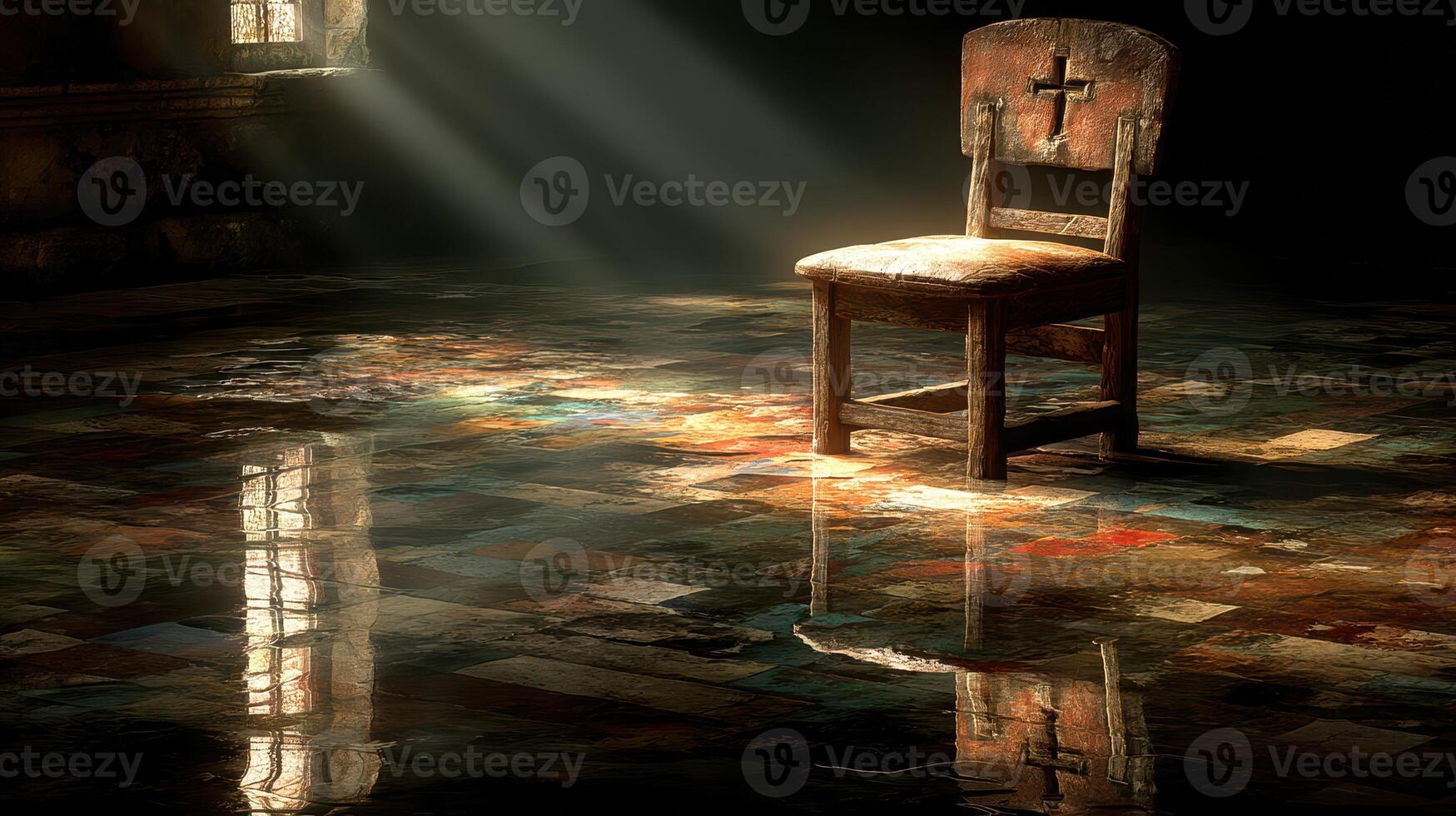 Old wooden chair in dimly lit room reflecting light on wet floor during afternoon photo