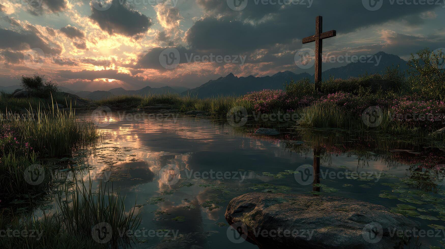 Serene sunset over a tranquil lake with a wooden cross amid lush greenery and mountains in the background photo