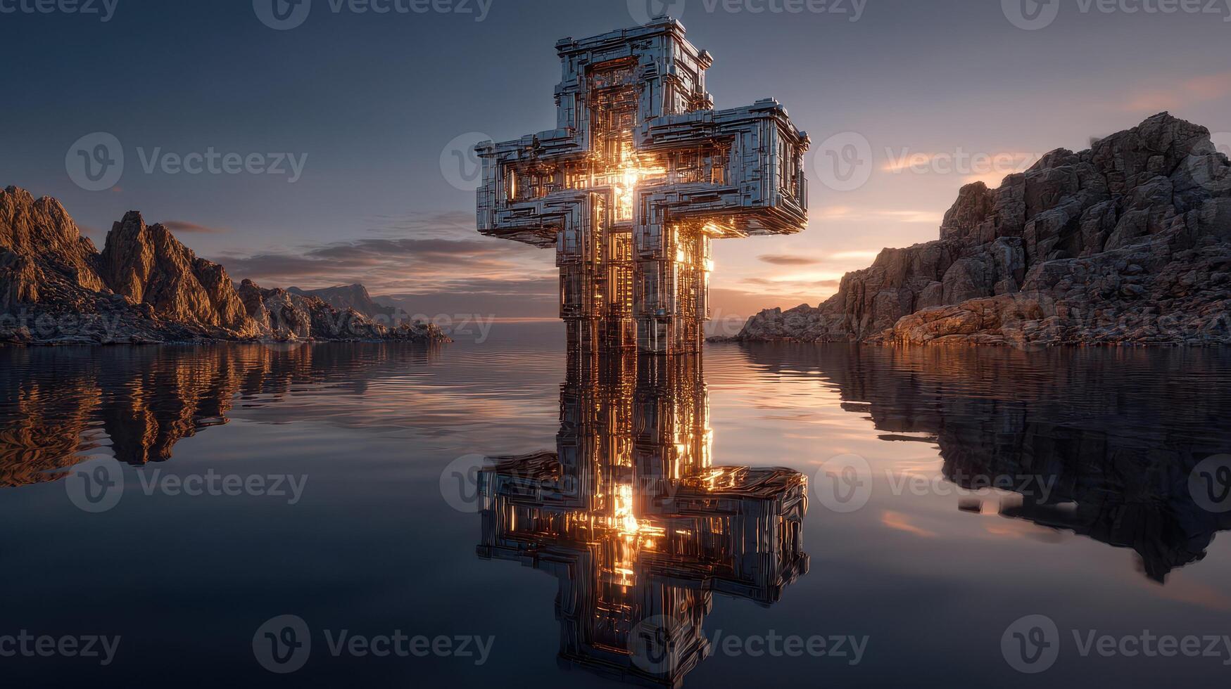 Large metallic cross structure stands in still water reflecting sunset glow near rocky landscape photo