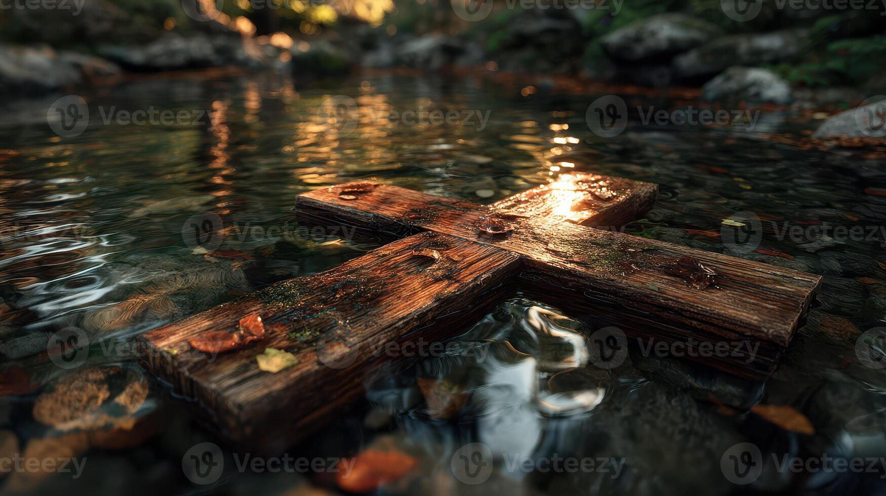 Water reflects sunlight on a wooden cross resting among rocks in a serene stream surrounded by autumn leaves photo