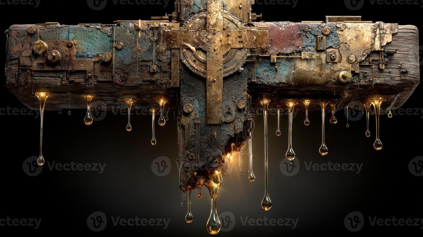 Unique cross sculpture dripping with golden liquid in an artistic display photo