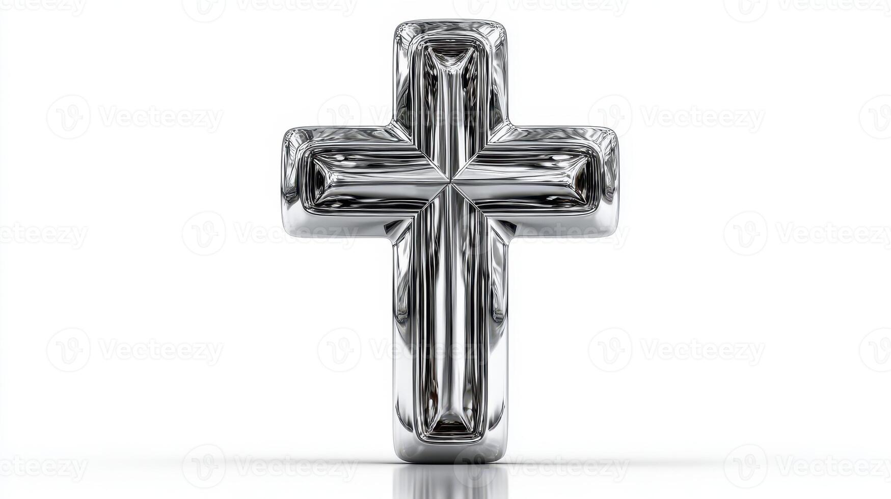 Shiny metallic cross on a white background reflecting light with elegant contours photo
