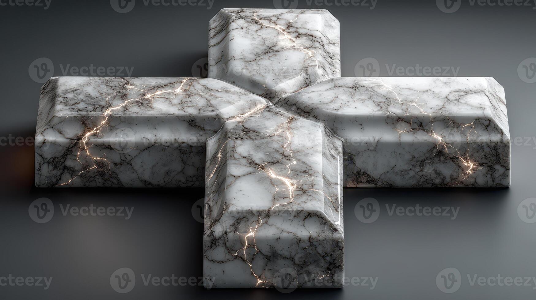 Abstract marble sculpture designed in the shape of a cross on a dark surface with intricate veining details photo