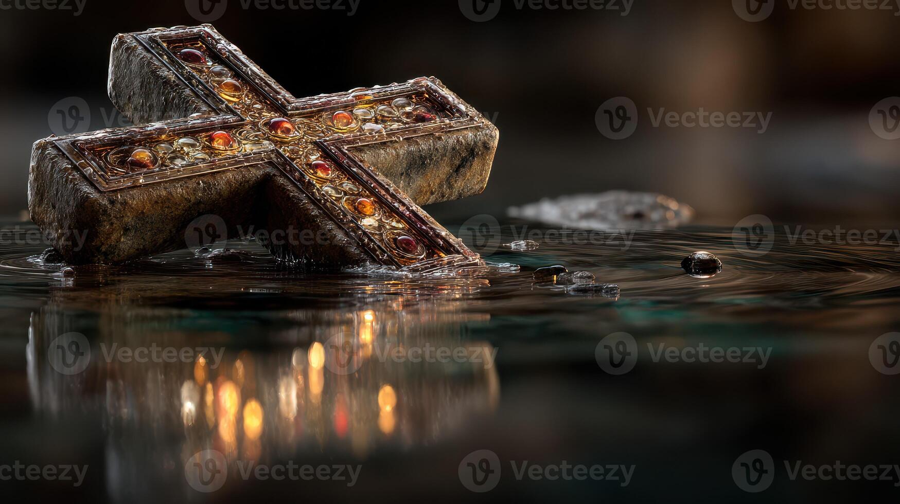 Antique cross resting in calm water reflecting warm light in a serene atmosphere photo