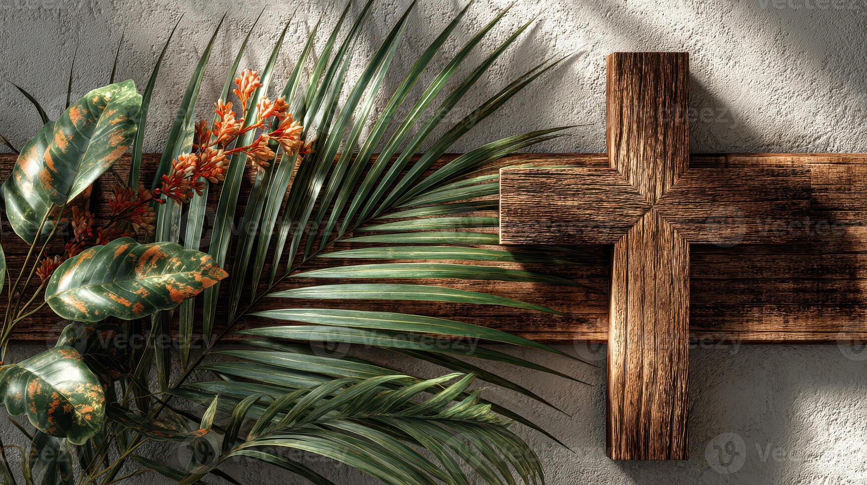 Rustic wooden cross with tropical leaves and orange flowers displayed on textured wall in serene setting photo