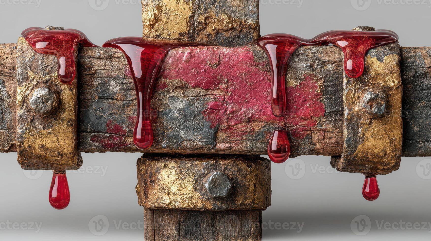 Abstract depiction of aged metal with red paint dripping, showcasing texture and color contrast in an artistic composition photo