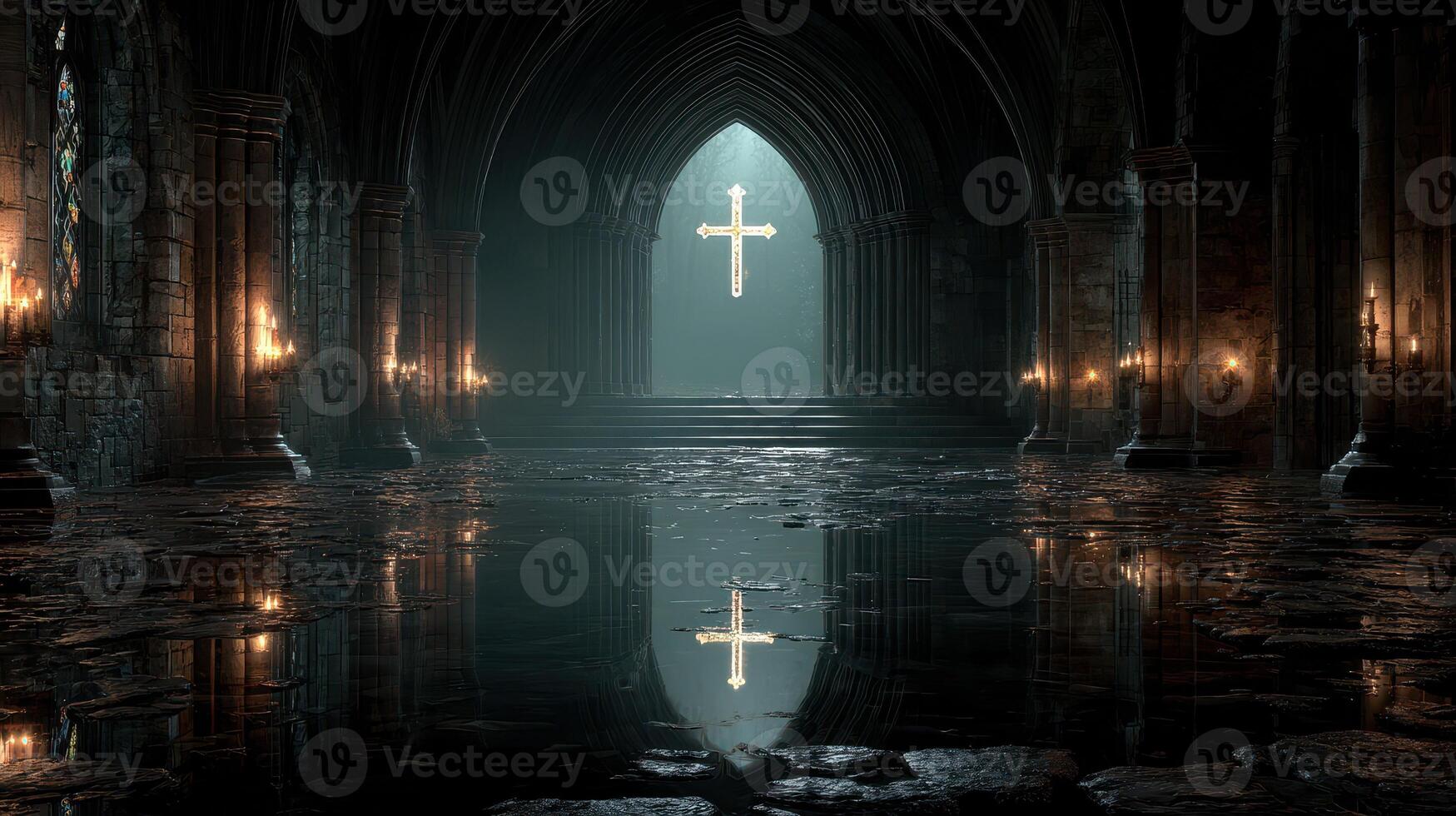 Mysterious medieval hall with glowing cross reflected in water, softly illuminated by candles in an ancient stone cathedral photo