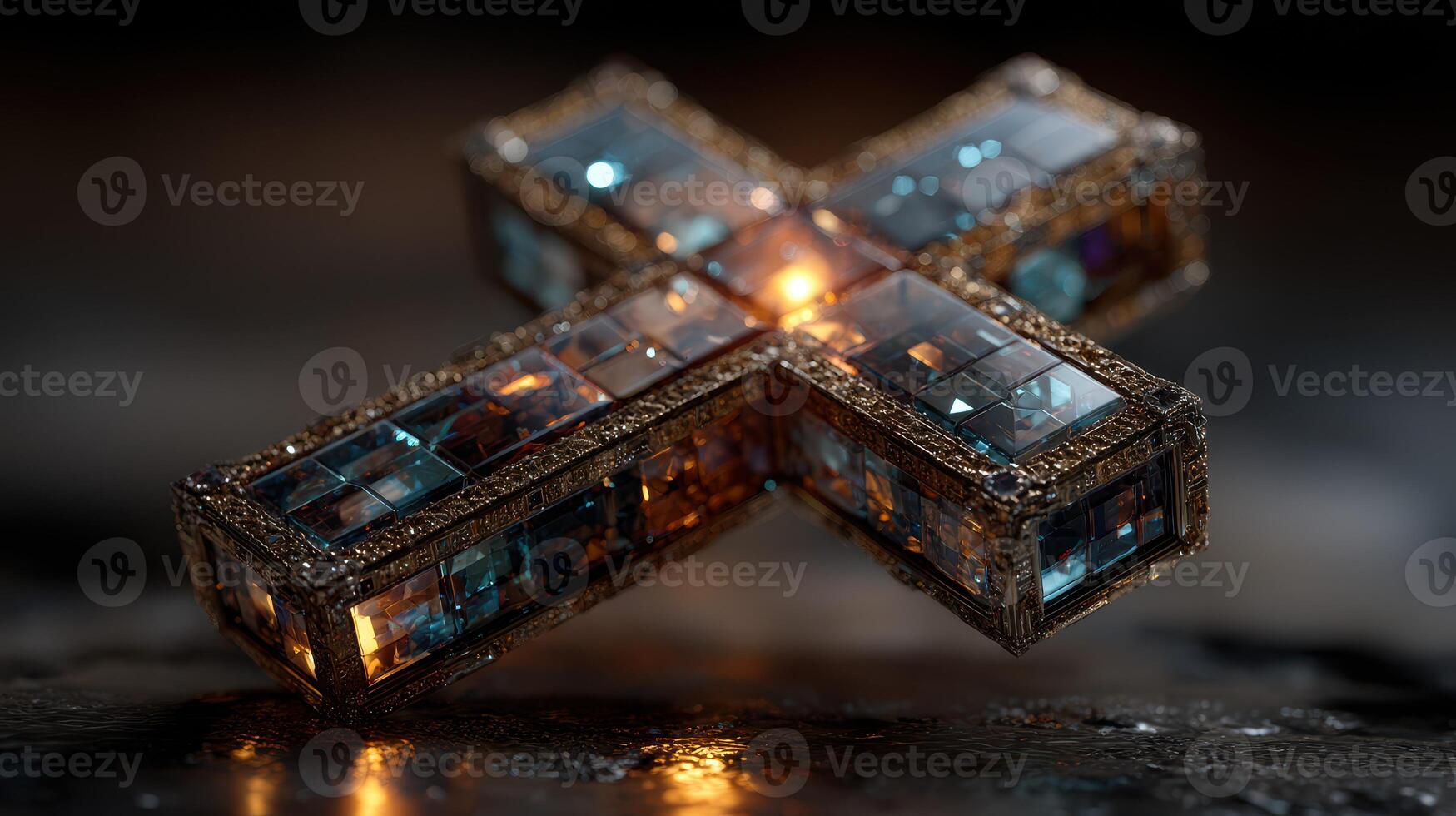 Intricately designed glass cross illuminated in soft light on a dark surface creating a serene atmosphere photo