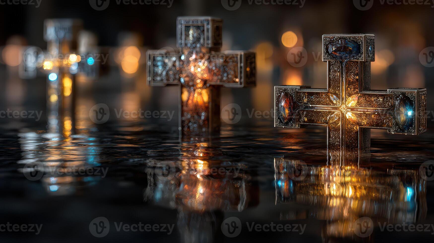 Intricate crosses illuminated in reflective water creating a serene atmosphere in a dimly lit space photo